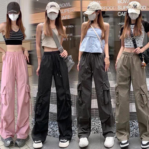 Loose Straight Side Pocket Drawstring Cargo Pants